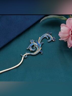 Gold-Tone Blue Enamel Floral Hair Stick - Women’s Hair Accessory